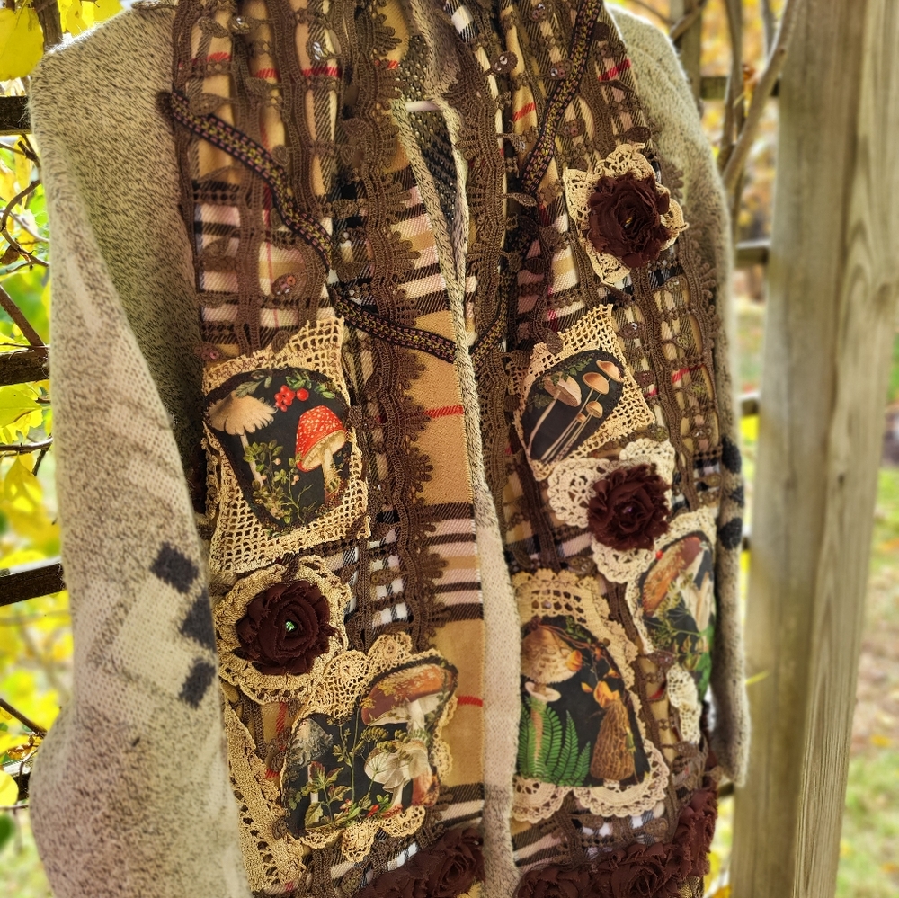 Handmade Artsy Boho Mushrooms Scarf- Brown